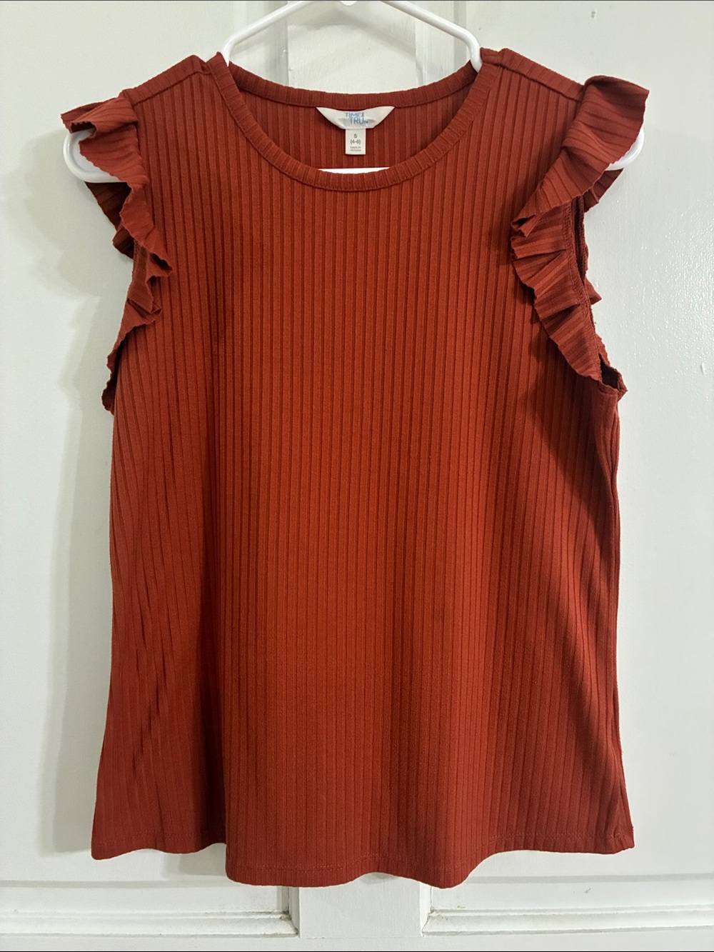 Time and Tru Ruffled Sleeve Ribbed Tank Top - Rust